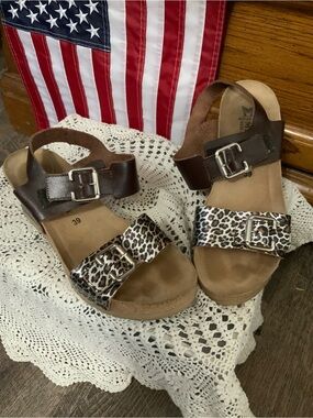 Mephisto Brown Sandals with Leopard Print Straps